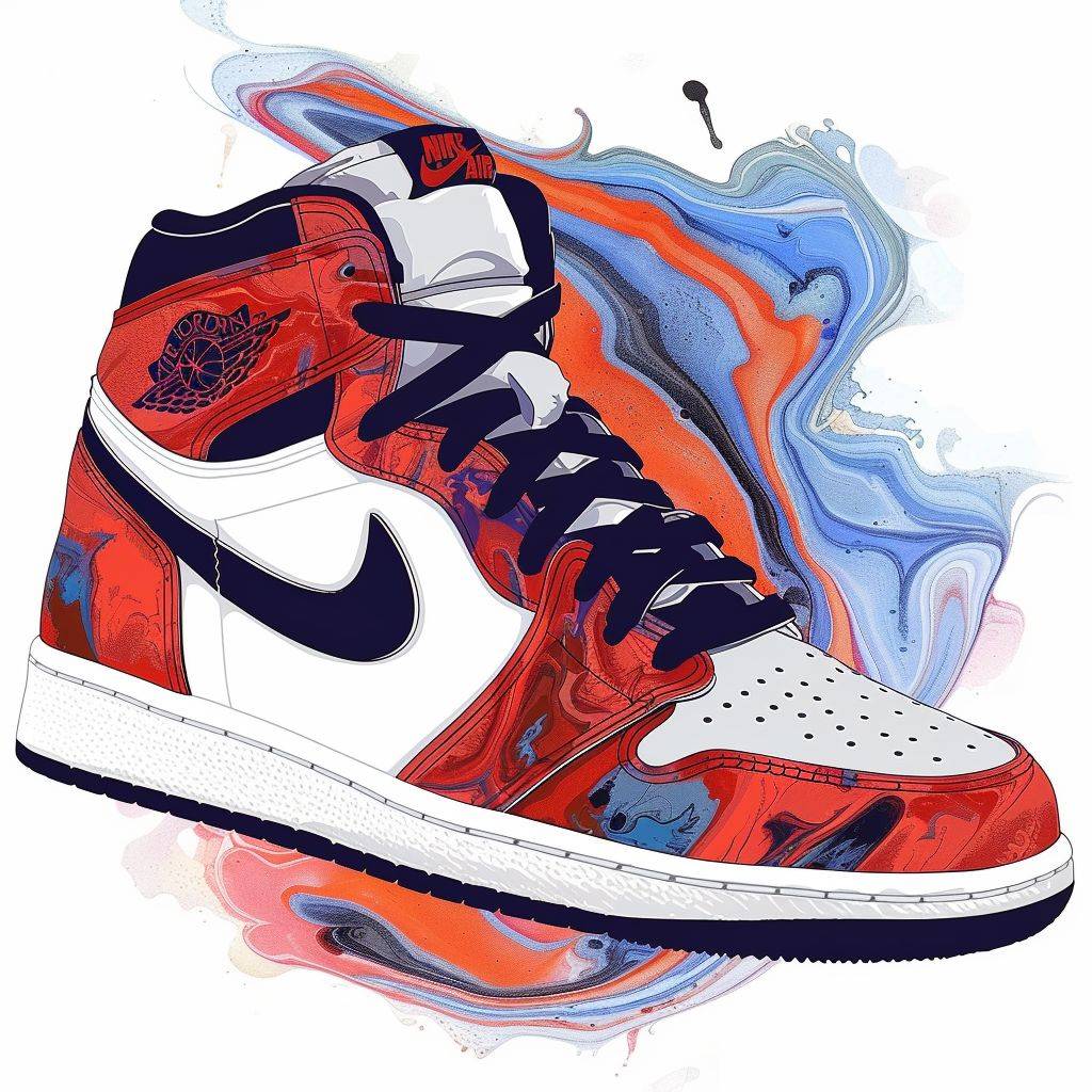 A nike air jordan in a style of Water Marbling, white background