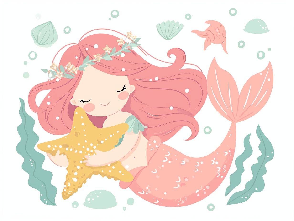 Cute cartoon little mermaid with pink hair and tail lying on the ground, a starfish in her hands. A flat design illustration with a white background in the simple style of colorful colors using vector graphics with simple details and lines. Flat color --ar 4:3 --niji 6 --style raw
