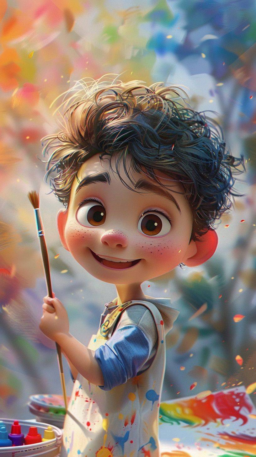 A lovely boy holding a paintbrush, drawing on drawing paper, smiling, happy, rainbow background, front view, fine gloss, best quality, depth of field, movie lighting, ray tracing, Disney style, IP POPMART blind box, 3D, C4D, Blender, oc Render, chibi, Pixar style