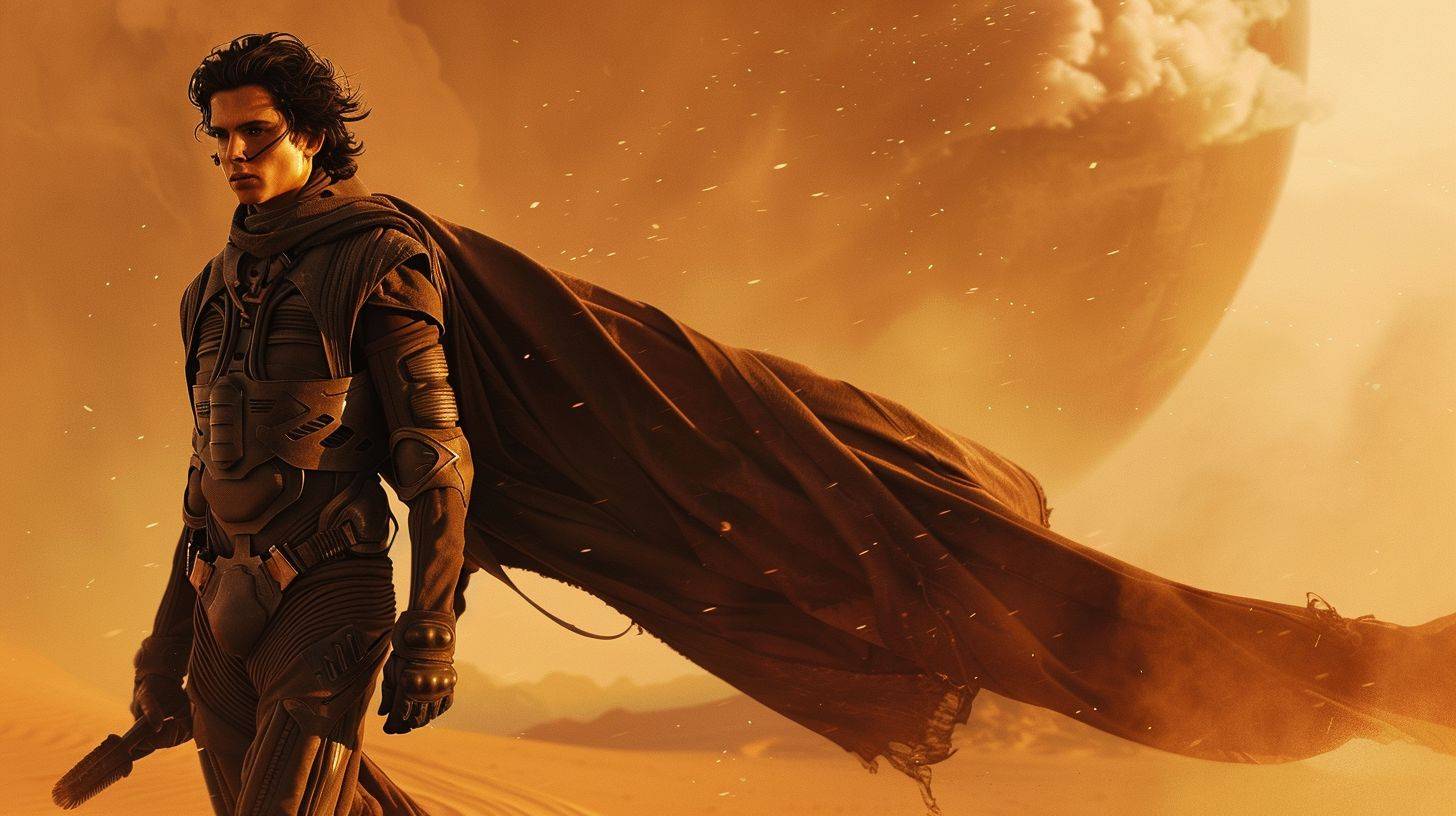 Theatrical poster of an epic scene from the movie DUNE 2. A vast desert, a full-body portrait of the young hero Paul Atreides with an ornithopter on the ground, his cape fluttering in the wind on the side. A huge sandstorm approaching in the background.