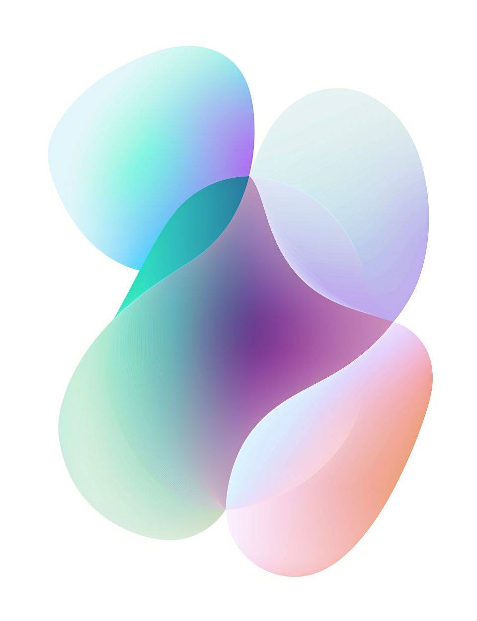 Abstract vector shapes in pastel colors, creating an elegant and modern logo for the Glowing Holographic Gradient. The design features smooth gradients of purple, blue, pink, and green, giving it a soft yet vibrant appearance. It includes large, rounded forms that suggest fluidity or movement, complemented by subtle text in the style of 'bi compilation' at one side. This composition creates a harmonious balance between simplicity and color vibrancy, making it suitable as a brand name symbol.