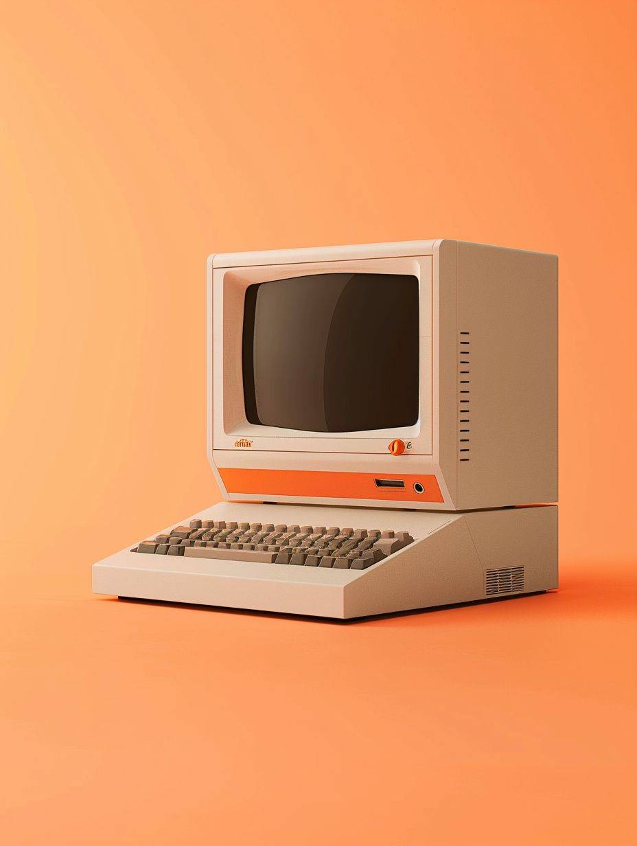 A minimalist retro personal computer, front-view, centered-composition, neutral background, Dieter Rams style, light-orange accent color, cinematic lighting, high-key product photography, stylized med, high variation mode, 4K resolution --aspect ratio 3:4