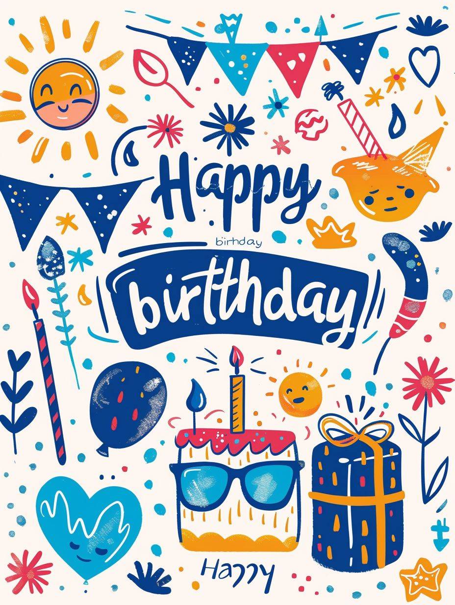 Poster design, pastel and bold colors, minimalist and flat, cute ink and flat colors, the icon of birthday party symbols, contains: sun, birthday cake, candle, heart, colorful flags, flower, balloon, gift box, party hat, sunglasses, with the title 'Happy birthday', cute stickers, bold color palette
