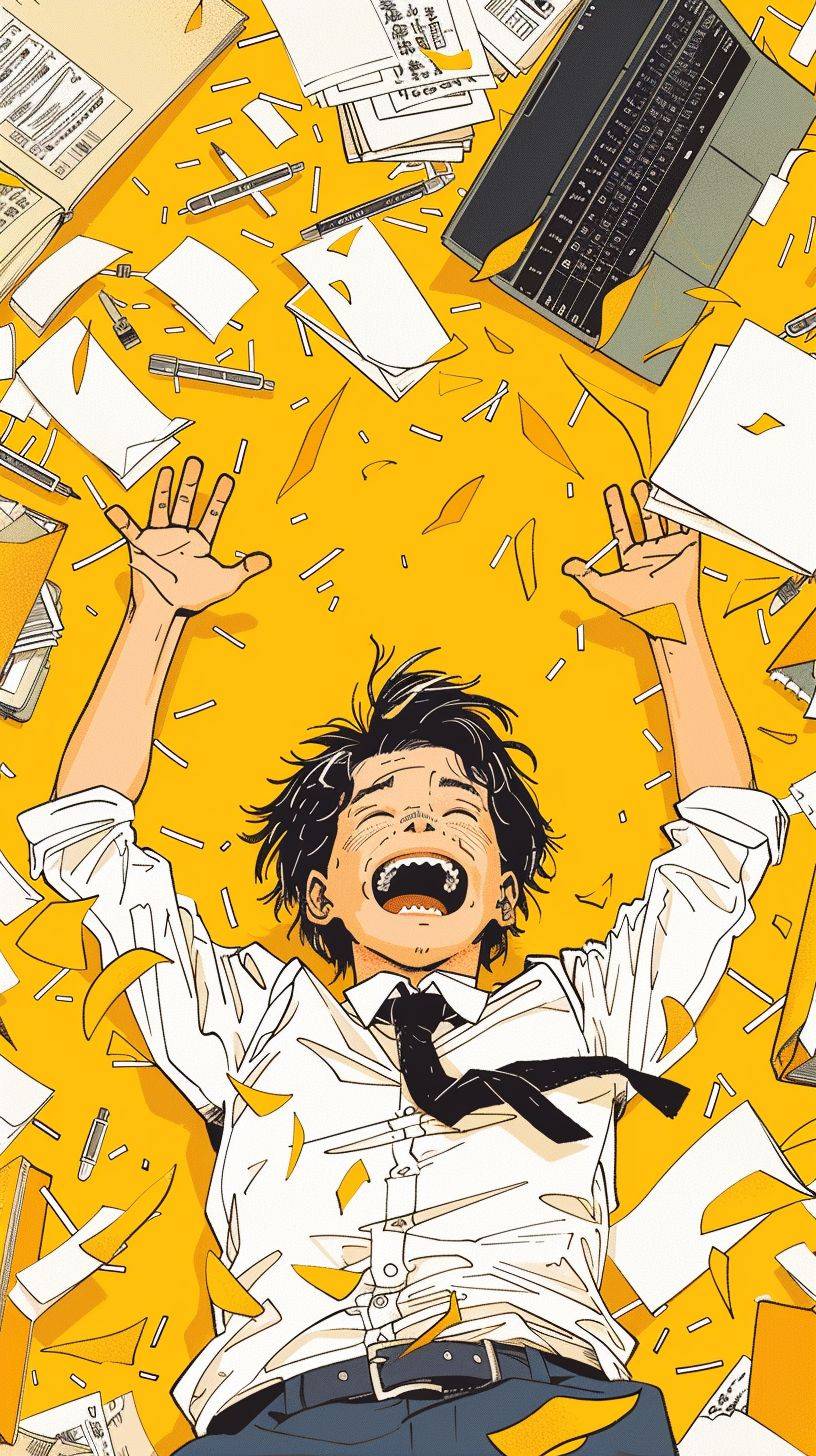 Illustrative style, visually striking, a young Oriental office boy laughs as he rushes towards the camera, surrounded by scattered laptops, pens, folders, files, and other office supplies. Fine lines are drawn, surrounded by fine lines. The middle part of the picture is a jumping yellow color, and the upper third of the picture is left blank, creating a strong contrast, dynamic, and energetic atmosphere, in clothes -- ar 9:16.