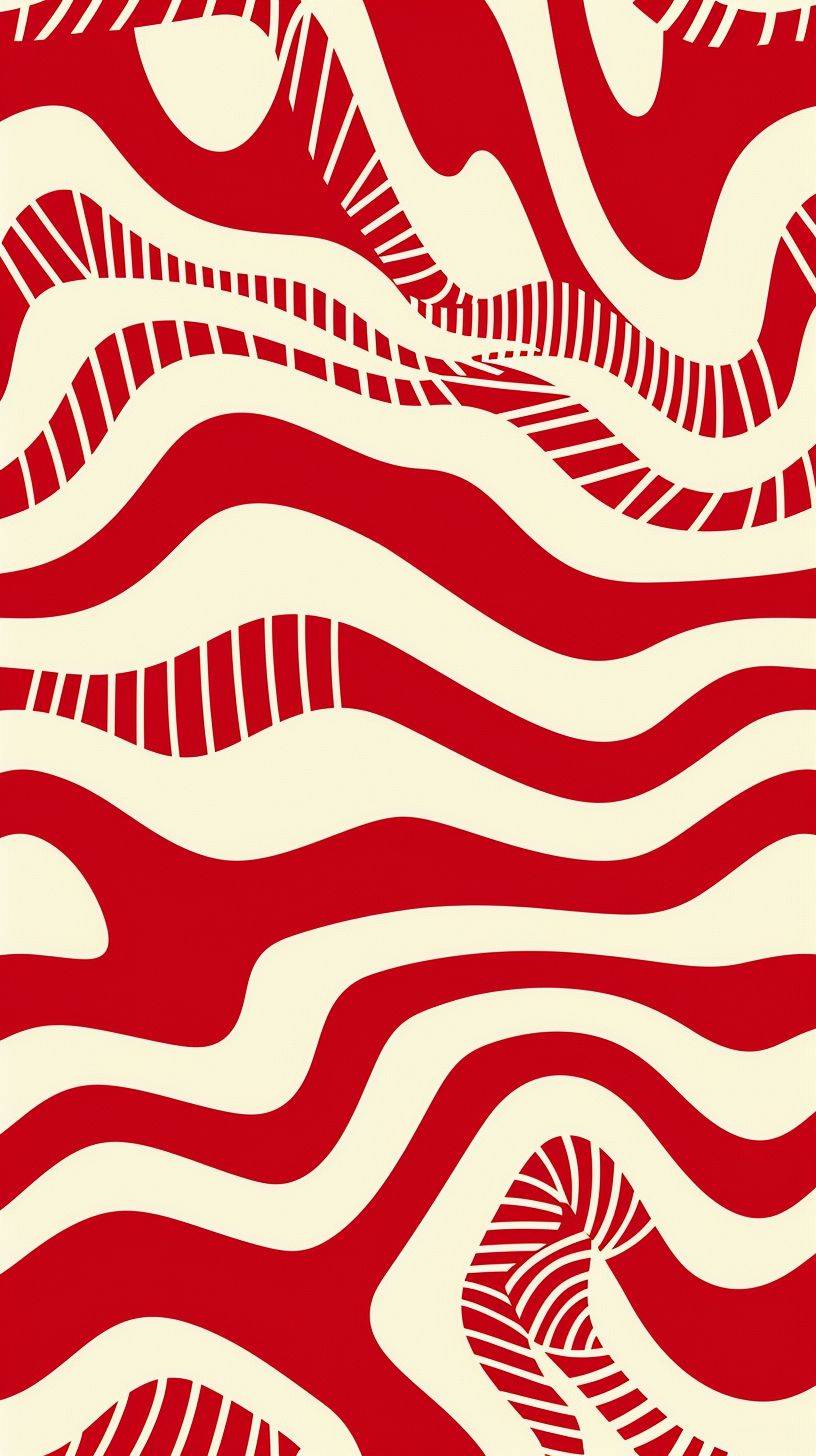 Red and white pattern, groovy retro style, wavy big lines, simple. In the style of retro artists.