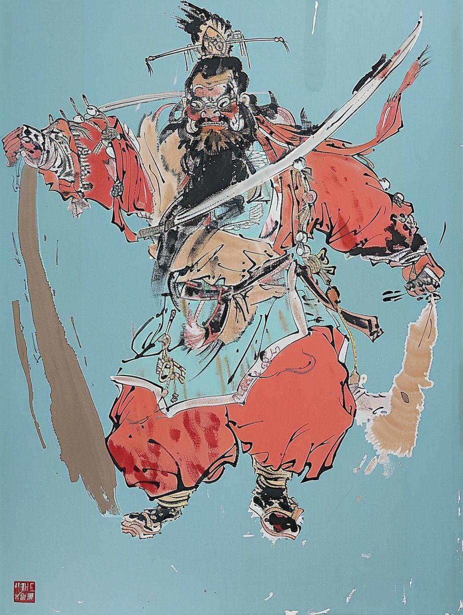 The comic exaggeratedly depicts Zhang Fei, a Chinese mythological character with a mischievous expression, emphasizing humor and eccentricity. Light blue background, jumping movements, Huang Yongyu's painting method, using comic-like elements and playful exaggeration to emphasize the humor of the subject's appearance.