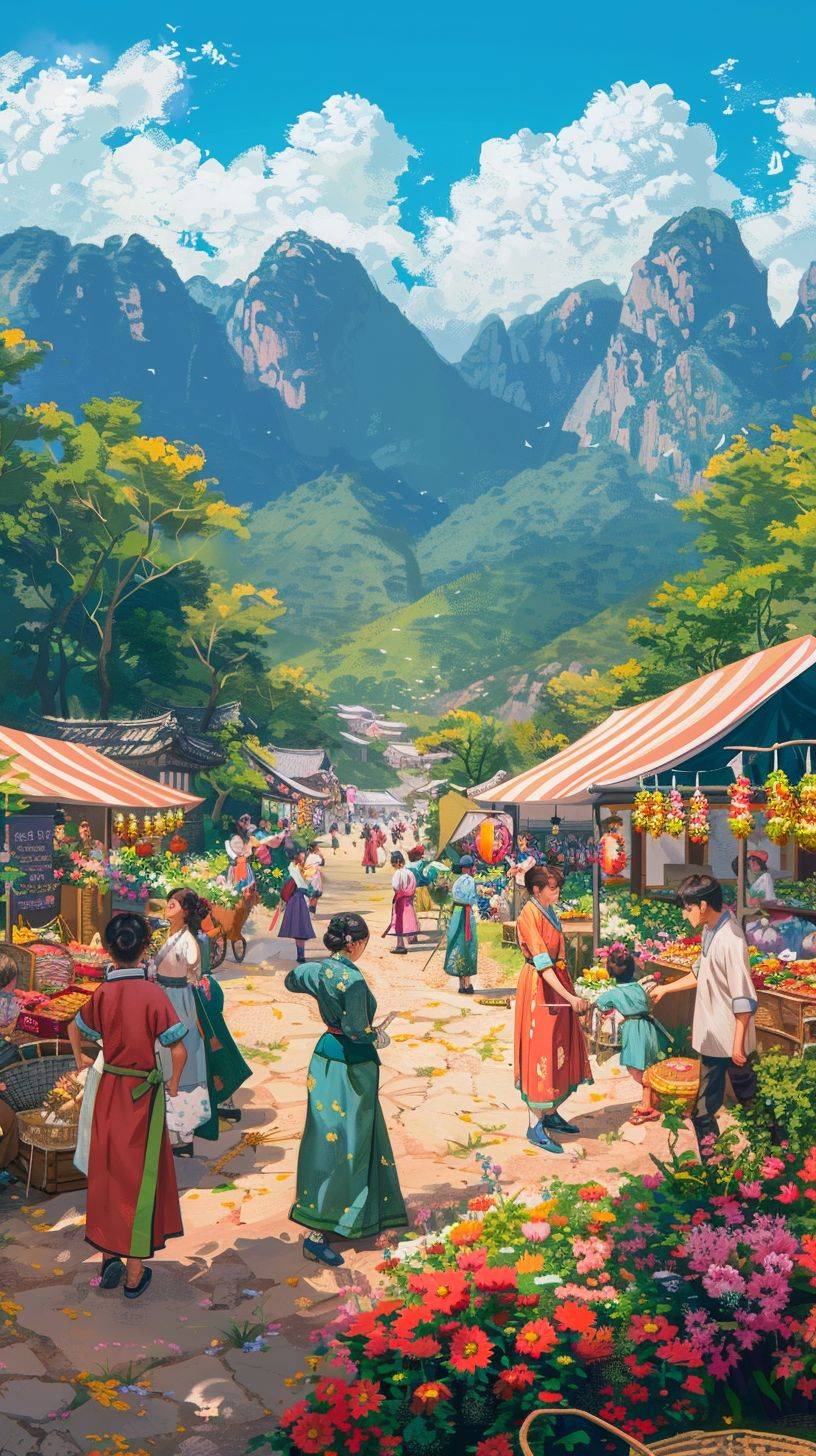A vibrant, sunny afternoon in a Korean countryside village, bustling with activity. Characters in a mix of modern and traditional Korean attire are seen participating in a local festival. Stalls with colorful decorations line the paths, selling traditional Korean foods and crafts. In the background, lush mountains and fields of wildflowers add a beautiful contrast to the lively village scene. The mood is joyous and full of energy, capturing the cozy and community-driven aspect of rural Korean life, with details highlighting the textures and colors of fabrics and nature.