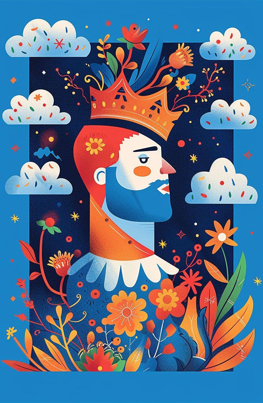 A colorful poster with bold shapes and vibrant colors featuring an illustration of a medieval king, clouds, plants, flowers, sparkles orange smoke in the style of Keith Haring on a blue background. The poster has a flat design with editorial illustrations in a symmetrical grid of highly detailed and simplified forms with flat color blocks in a symmetrical composition.