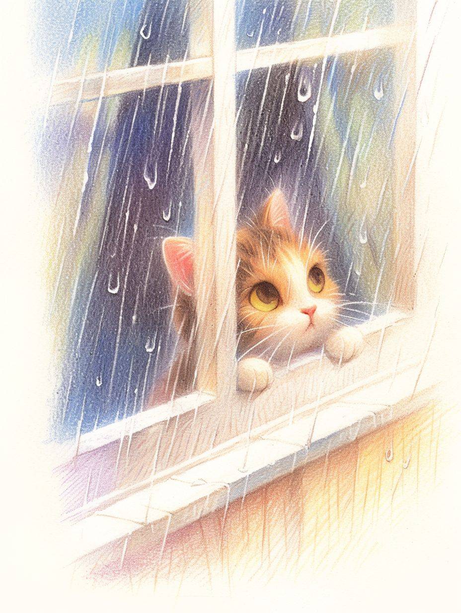 雨の降る中、窓の外を見つめる可愛い猫がいます。これは子供向け絵本のようなスタイルの色鉛筆イラストで、パステルカラーとシンプルな線で描かれています。