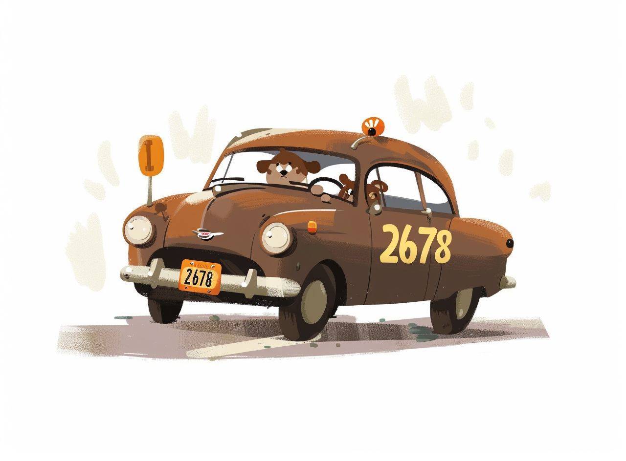 A brown cave car with the number plate "2678" on it, and inside is an anthropomorphic chocolate chip dog driving the vehicle. The background color of the cartoon vector illustrations should be white, with simple lines, in a flat style, cute, and minimalist.