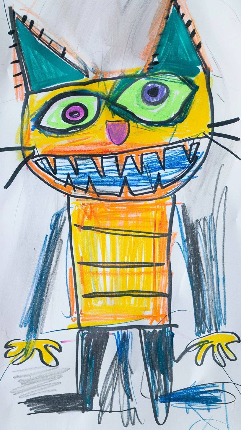 A 4-year-old's basic scribbly outline of a colourful, crude, juvenile crayon drawing of a cat on plain white paper. A happy, smiling monster with yellow and green eyes and sharp teeth, wearing a gold costume with black stripes in the style of minimalistic lines, a full body portrait on the wall.