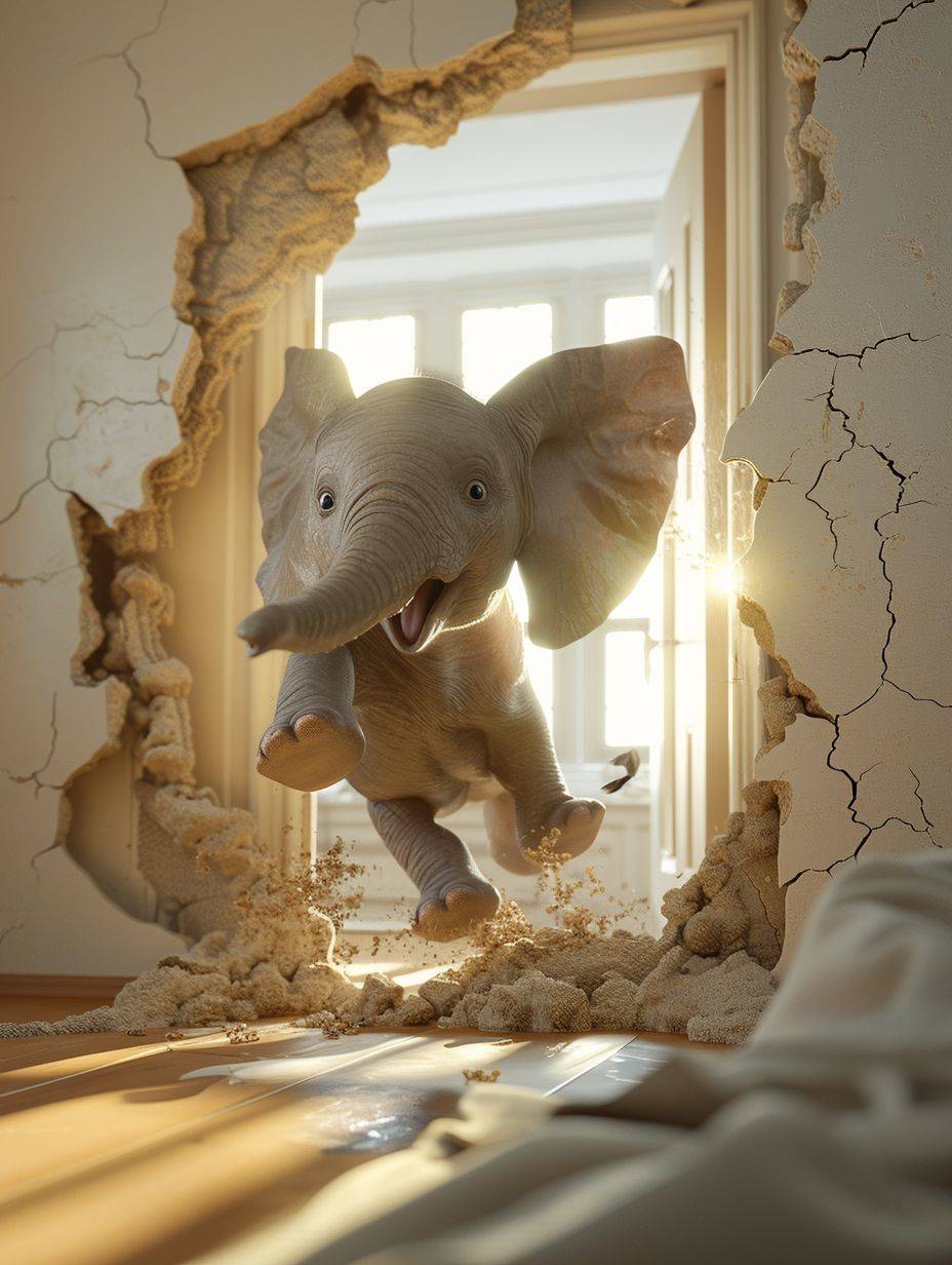 A [Animal description] pops out of a hole in a sunlit room, in the style of photorealistic rendering, with Mike Campau's densely textured or haptic surface, Patrick Brown's soft-focus technique, playful expressions, and contest winner
