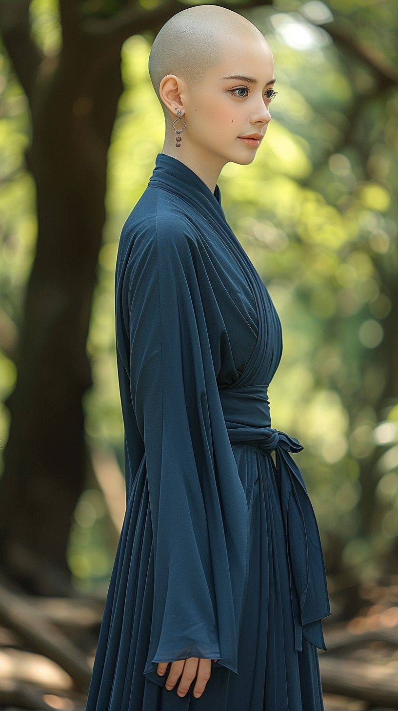 A 20-year-old Chinese woman, bald with a Chinese monk-like appearance, real skin with delicate and fair complexion, a fair and ruddy oval face with willow eyebrows and a small nose. She is wearing a long blue dress, slender thighs, and white high heels, with a slight smile on her face, standing in a sunny forest, looking sideways at the camera while taking a full-body photo.