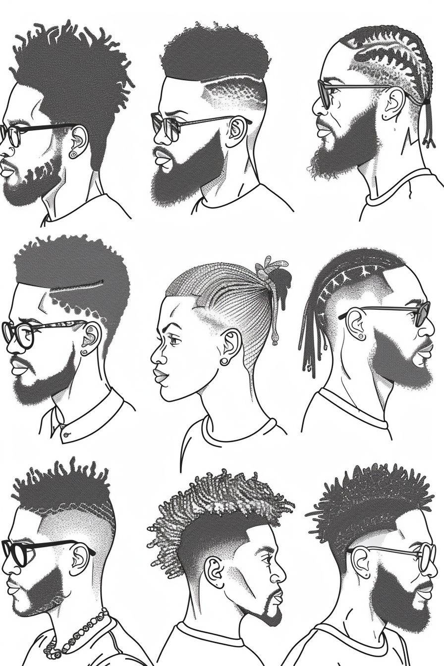 A simple coloring book page with a vector set of black men with different hairstyles on a white background, outlined in thick lines, with an aspect ratio of 2:3 and a stylization of 250.