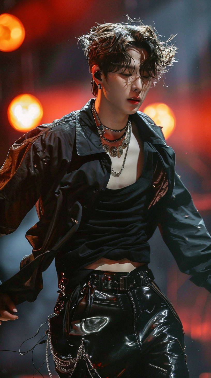 韓国の男性アイドルがステージで踊り、汗をかき、完璧な表情を見せる