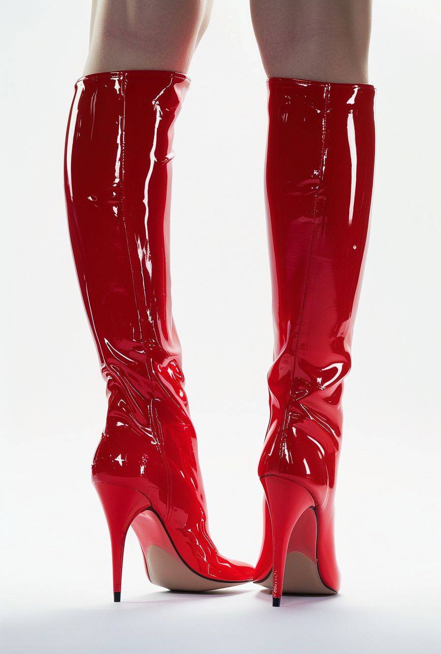 An ultrarealistic image of a woman's legs wearing high red boots with pointy toes and shiny material. The background is white. Capture the details in high resolution. Use bright studio lighting to highlight every detail on her skin color foot. She has long skinny muscular legs that can be seen from behind. Her shoes have very tall heels. Show the full body in the style of realistic portraiture.