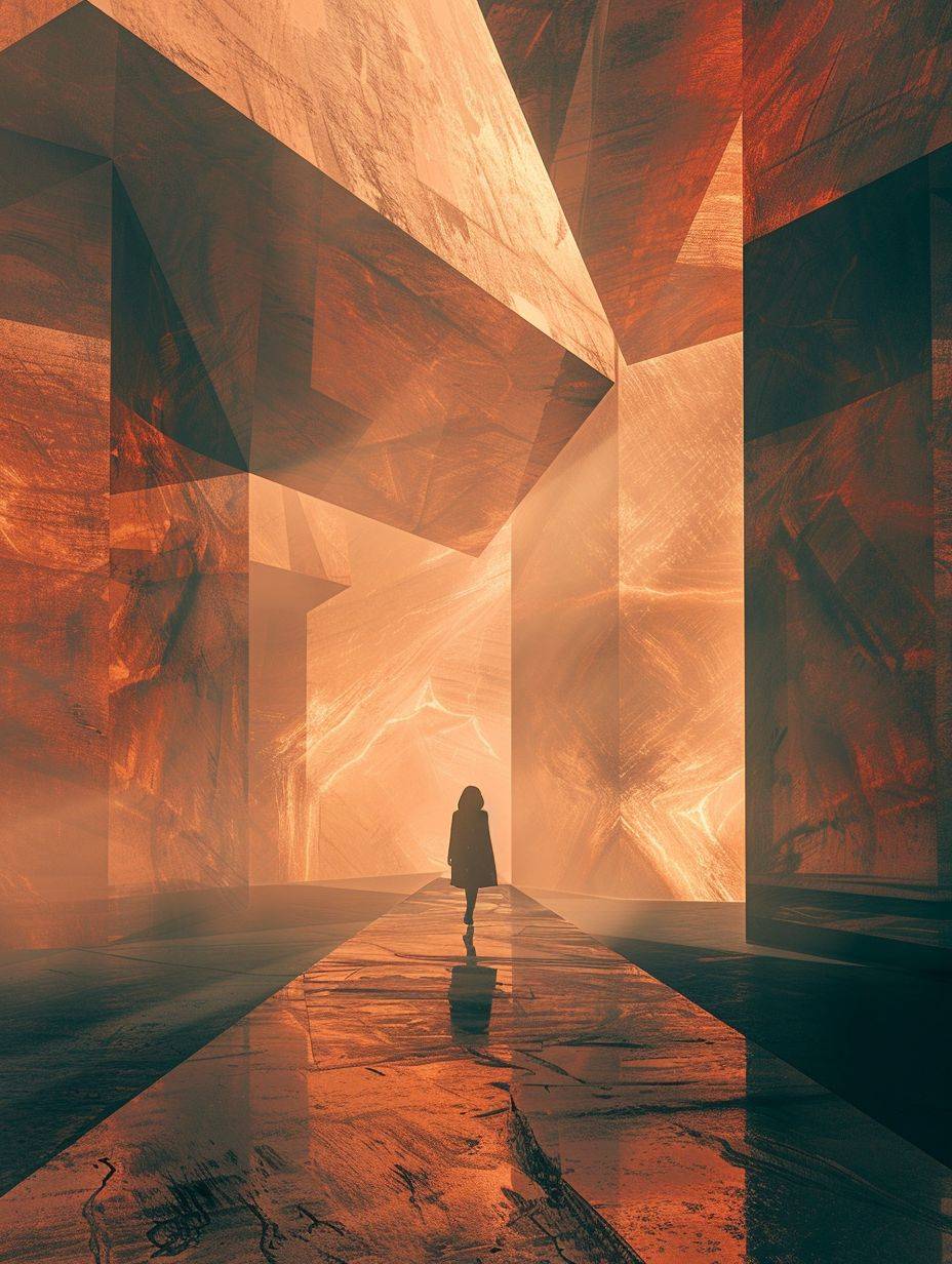 A person walks through an open space that looks like space, in the style of futurist elements, atmospheric landscape, dystopian atmospheres, trapped emotions depicted, silence, futuristic architecture, epic portraiture, in the style of Denis Villeneuve, raw style, aspect ratio 3:4, stylized at 250%