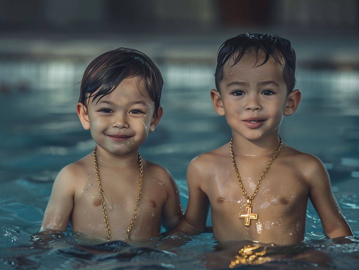 5歳のアスリートの水泳選手2人が、泳ぎ場で立っている写真。全身が写っており、薄い金のネックレスをつけていて、小さな金の十字架が付いています。カメラに微笑む。超ソフトな光線。