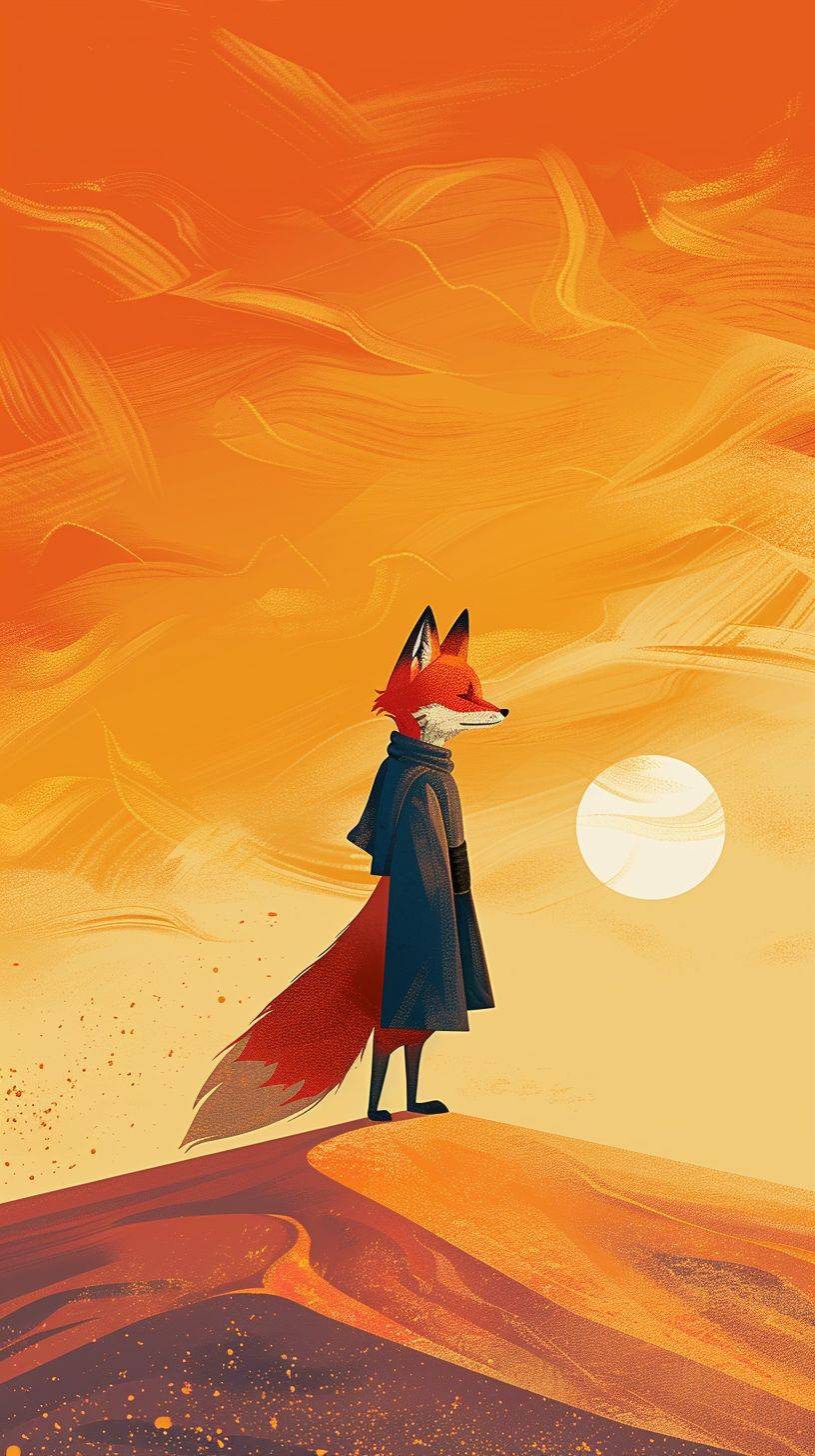 Cartoon illustration of an anthropomorphic fox character in the style of Moebius, standing heroically on a sand dune under a glowing orange sky, inspired by Dune's sci-fi aesthetic, dynamic pose, with a mysterious aura.