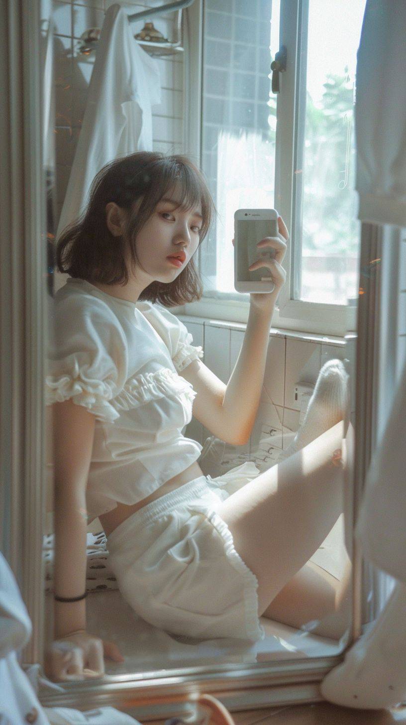 A Chinese high school student, wearing white high pile socks and white shorts, innocently taking selfies in front of the mirror.