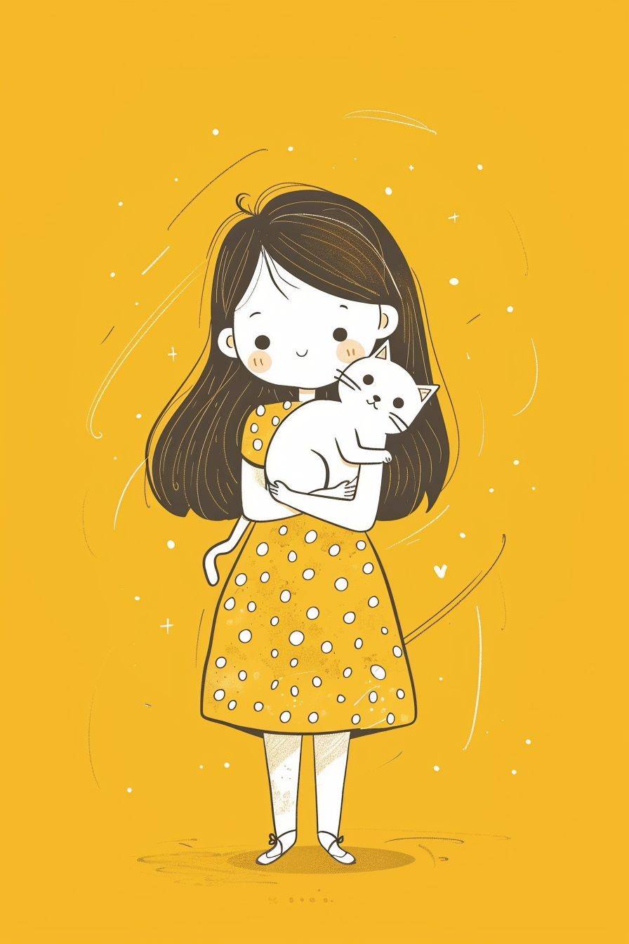 ドレスを着た可愛いカートゥーンの少女が白い子猫を抱いています。全身像、黄色の背景、キース・ヘリング風の落書き、シャーピーイラスト、太い線と無地の色、シンプルなディテール、ミニマリズム、黄色の背景