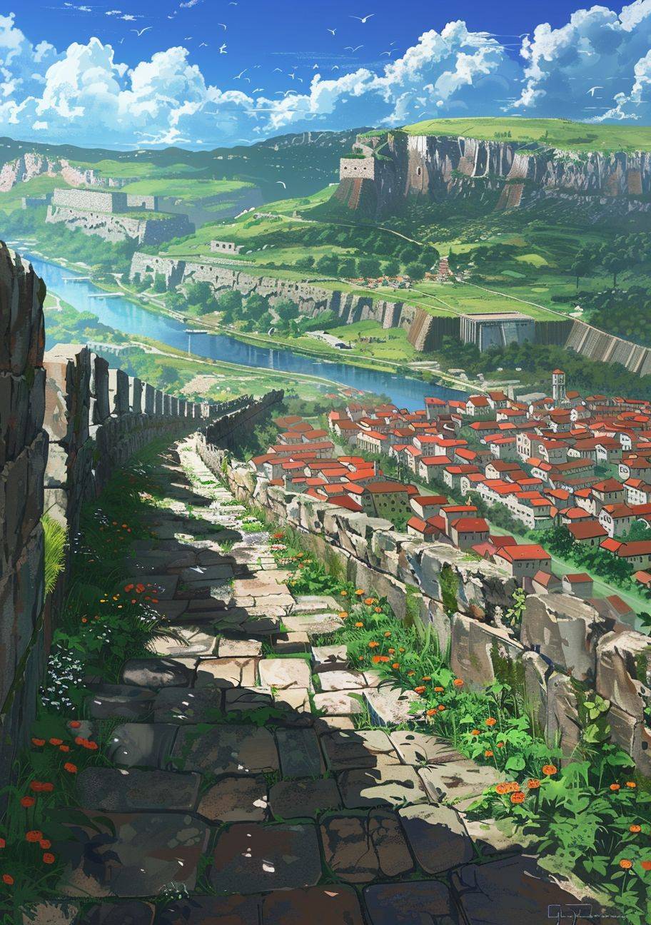 An anime-style illustration of the Roman wall overlooking an ancient city with stone walls and houses nestled among rolling hills under a blue sky. The ground is covered in weathered stones, while small wildflowers bloom along its edge. In front stands a large empty square that looks as if it could be used for military gatherings or public events. A river flows behind the cityscape, adding to the picturesque landscape. This illustration is in the style of an anime artist.