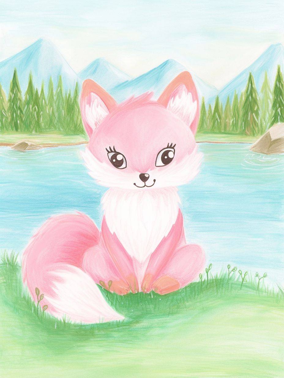 白い眉毛と尾を持つかわいらしいピンクのキツネが、空の池の前の草地に座っています。これはパステルカラーとシンプルな線で描かれた絵本のようなイラストです。