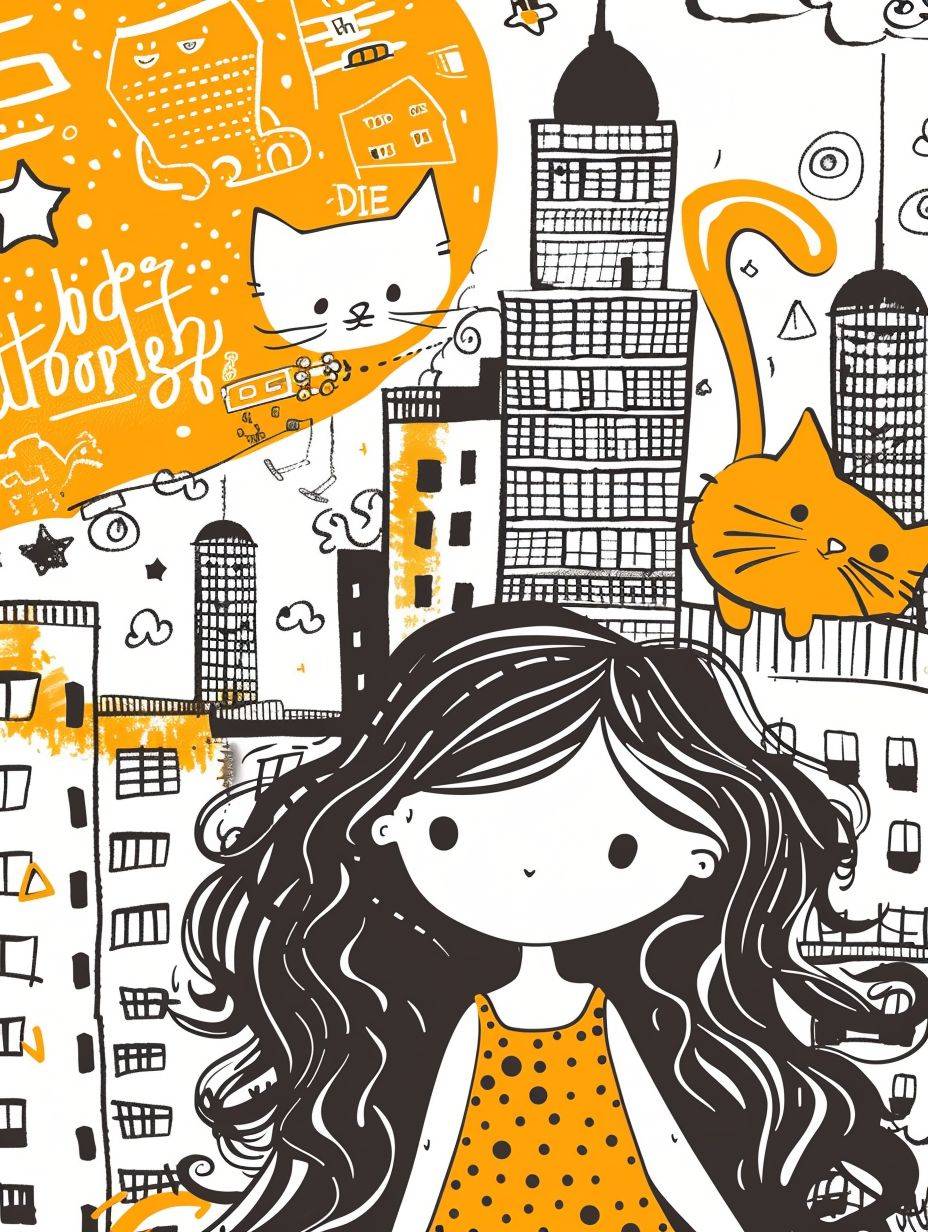 A cute little girl and a giant cat, Girl with long curly hair standing on the road of the city, Full frame cute doodle art, Keith Haring, Cute color scheme, White background, Simple strokes, anthropomorphic, cute, doodle in the style of Keith Haring, sharpie illustration, bold lines, in the style of grunge beauty, mixed patterns, text and emoji installations, Rock girl style, Illustration style, MBE illustrations, Perfect detail, High quality