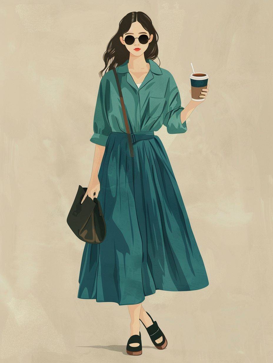 A Korean model is wearing an emerald green shirt, blue long pencil denim skirt and black shoes. She has sunglasses on her face, holding coffee in one hand and carrying the bag with both hands. simple background, in the style of fashion illustration, full body shot, front view, simple details, simple coloring, flat color illustration, flat painting, 2D --ar 3:4