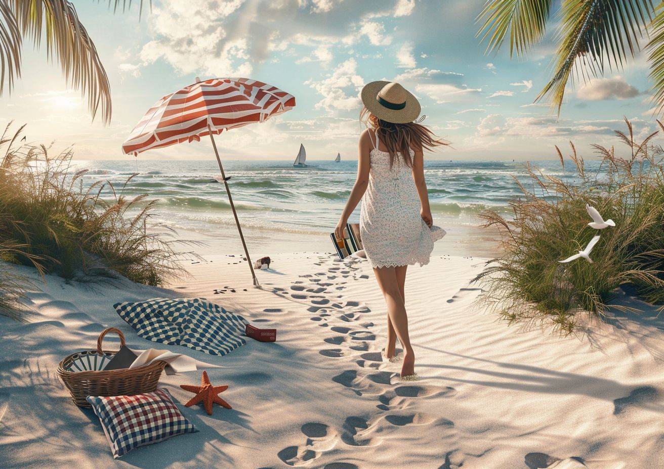The main subject is an adult female, walking towards the shore, leaving footprints in the sand. She is dressed in a light summer dress, barefoot, with her hair caught in the breeze. She wears a sun hat, and is holding a book in one hand. Around her, seagulls fly overhead, with palm trees and dune grass dotting the shoreline. In the foreground, a red and white striped beach umbrella anchors firmly in the sand, providing shade next to a blue and white checkered blanket laid out with a picnic basket, plates, and a wine bottle visible. Nearby, a starfish lies in the sand. The background is dominated by the setting sun casting golden hues over the ocean, with a distant sailboat visible on the horizon. 👣 The composition is from a third-person view, slightly elevated, focusing on the woman walking and the trail of footprints she leaves behind. The lighting is soft and warm, emphasizing the golden hour and casting everything in warm tones of gold, blue, and green, with a focus on the textures of sand, water, and sky. The image is intended for high resolution fine art print, with a keen emphasis on the impressionist style's focus on light and color.
