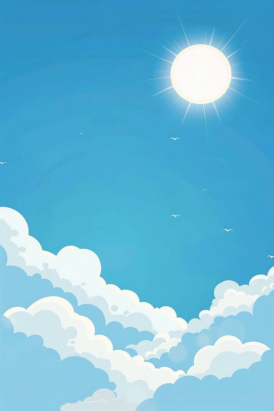 Minimalist vector graphic art style. An azure blue sky, sun, and clouds.