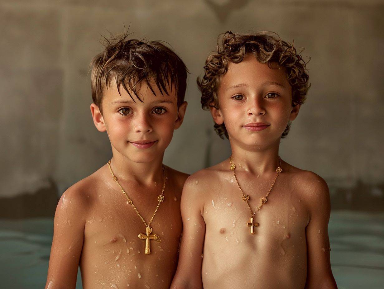 5歳のアスリートの水泳選手2人が、泳ぎ場で立っている写真。全身が写っており、薄い金のネックレスをつけていて、小さな金の十字架が付いています。カメラに微笑む。超ソフトな光線。