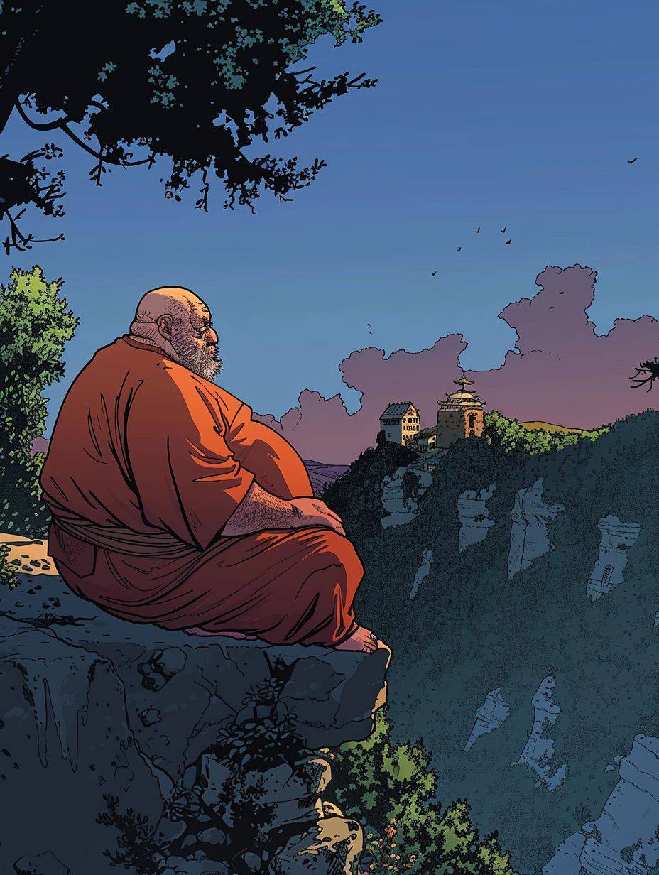 これは、会社での仕事で疲れ果てた後に出家生活を選んだ少し太っている僧侶を描いたウェブコミックの一場面です。この画像は、彼の平和でユーモラスな出家の旅の本質を捉えています。