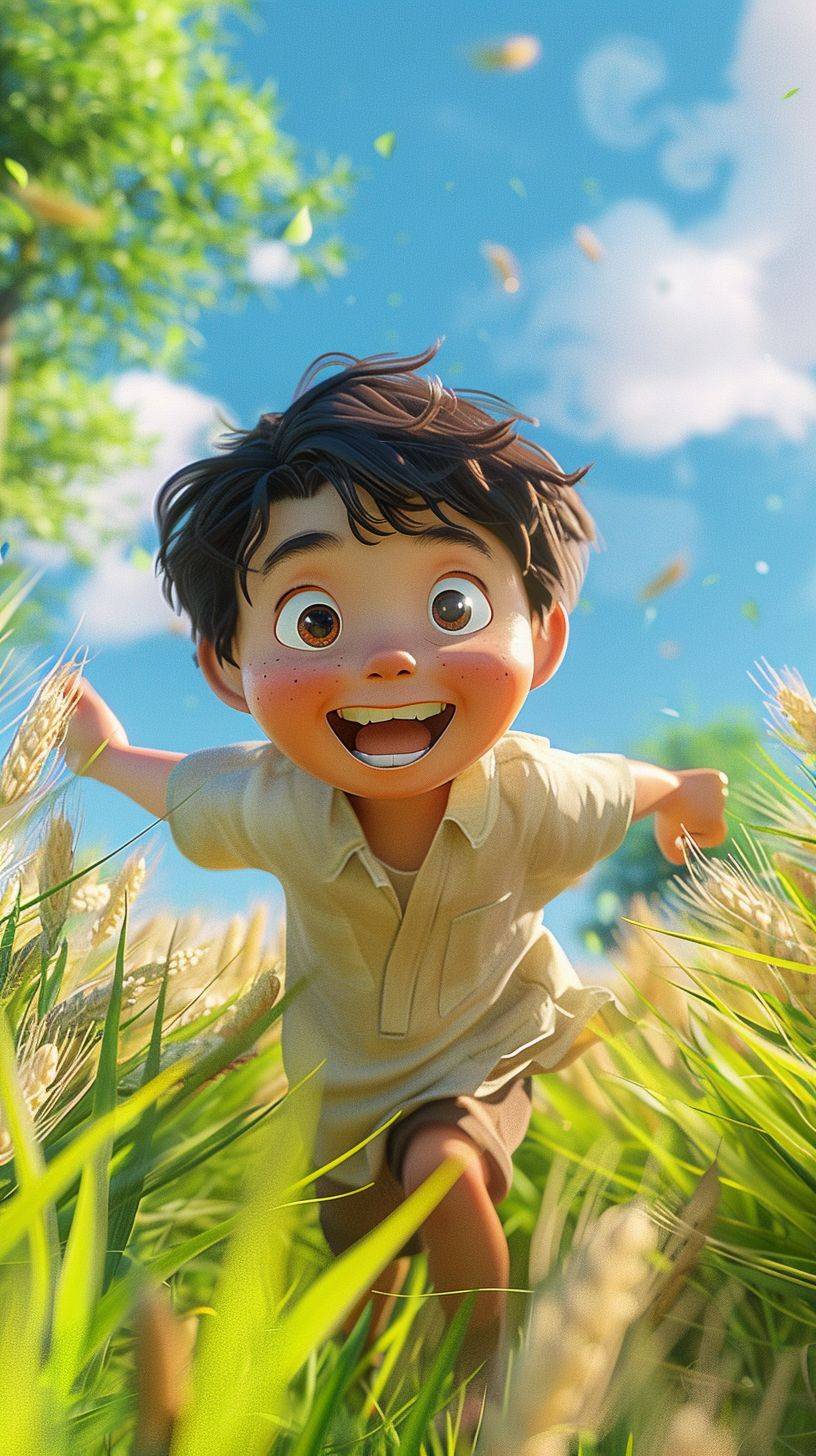 Cartoon 3D scene, front view, close-up, an Asian boy happily running in a green wheat field, summer scene, green and blue, bright color scheme, 3D rendering, Blender