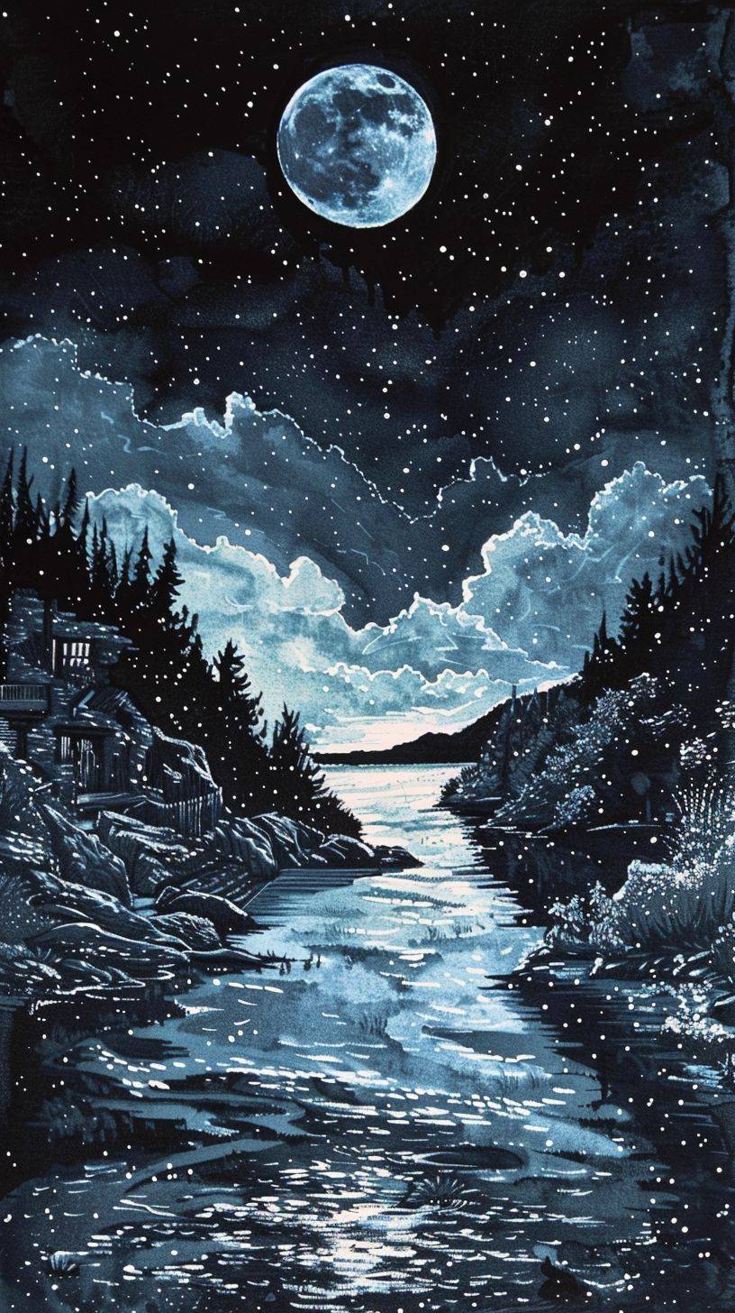 19世紀の白いインクで描かれた黒い背景のインク画、イタリアの湖畔の村、星空の夜、春、晴れた空、群青の背景、詳細に描かれた、J·R·トールキンによる描かれたもの