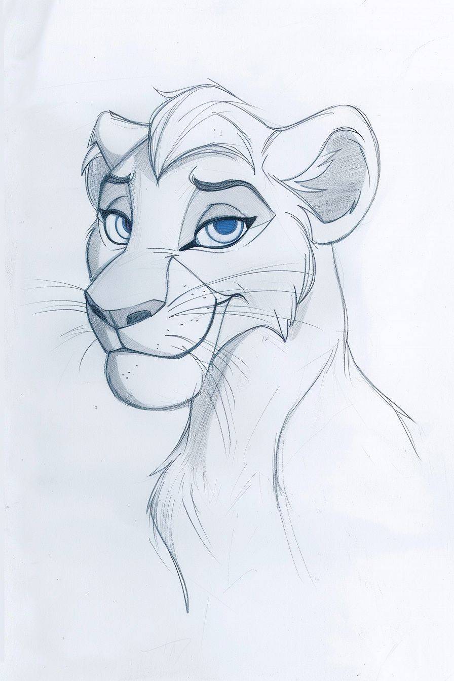 クラシックなディズニーアニメーションスタイルで描かれた雌ライオンのキャラクターデザインコンセプトポートレートスケッチ、白い背景