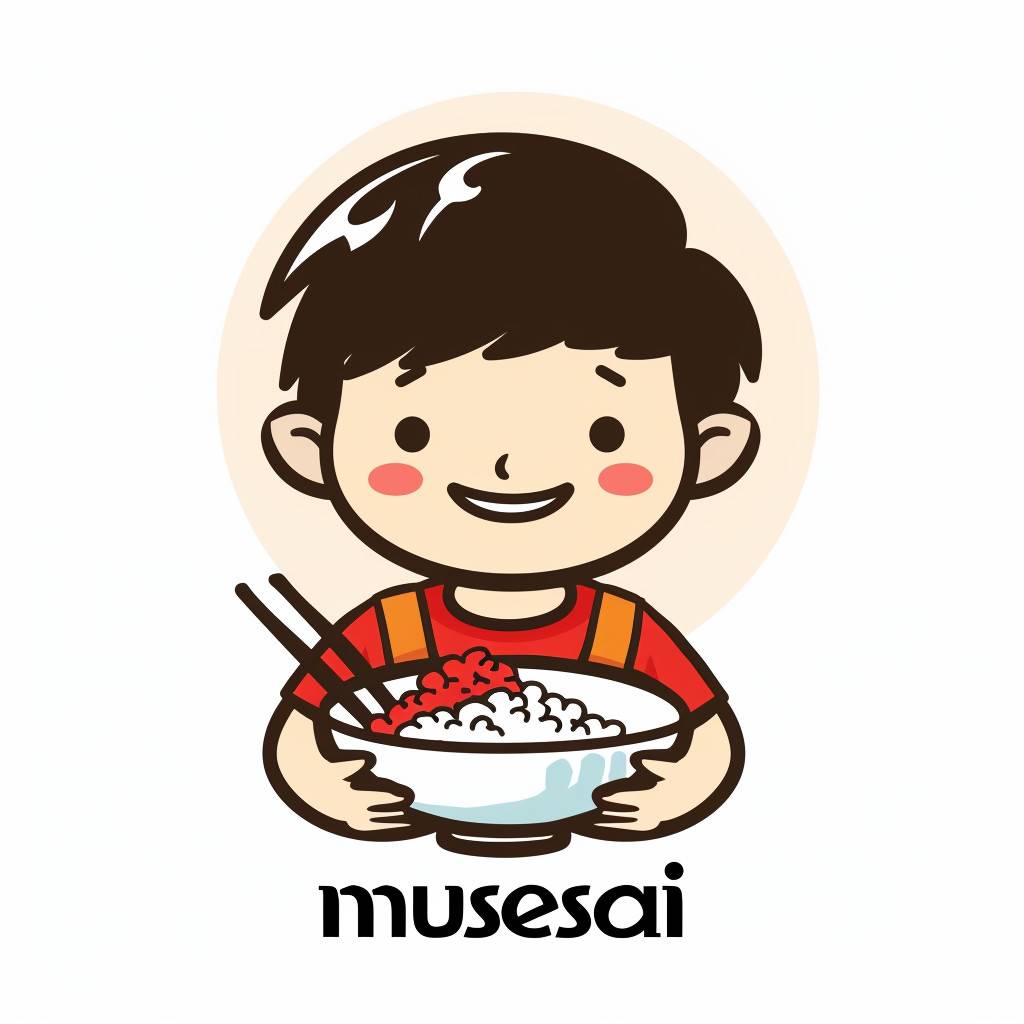 A cute cartoon style logo design for "musesai", featuring an Asian boy holding a bowl of red sweet and sour powder, with the brand name written in black text below it. The background is white, with simple lines and flat colors, creating a relaxed atmosphere. The design is in the style of a cartoon.