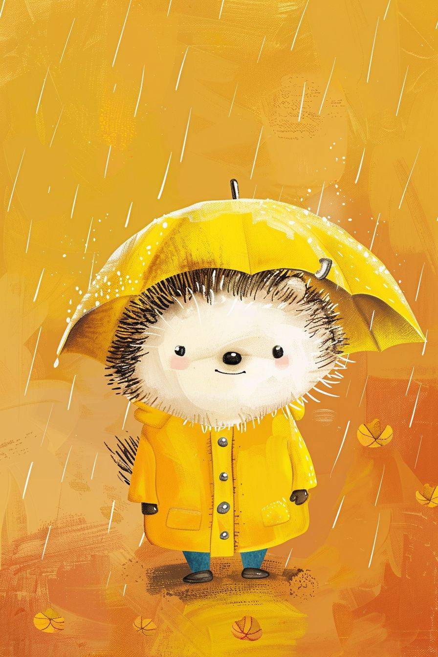 Simple vector art, children, cover happy hedgehog in yellow raincoat, children's book illustration, simple illustration