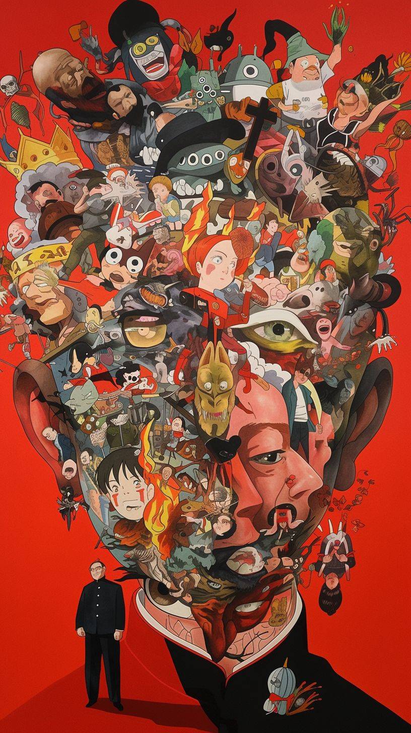 An anime painting featuring a huge head with Studio Ghibli characters, in the style of Grégoire Guillemin, Junji Ito, Hieronymus Bosch. It has a playful yet macabre vibe, colorful biomorphic forms, comic art, McDonaldpunk aesthetic, primary colors, and realistic detail. The aspect ratio is 9:16, with a niji setting of 6, and raw style.