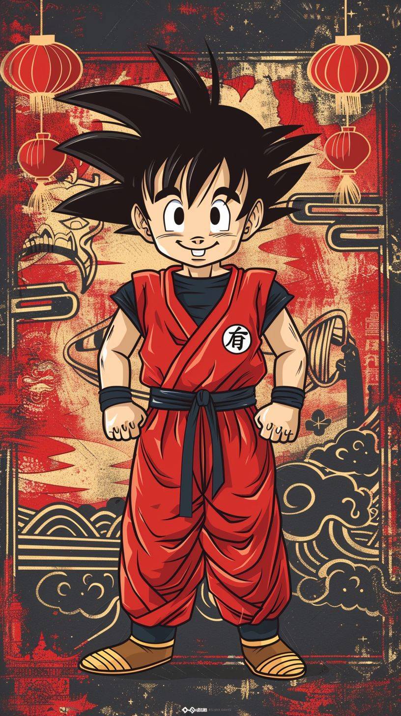 Kid Goku wearing Chinese red Tang suit, t-shirt design