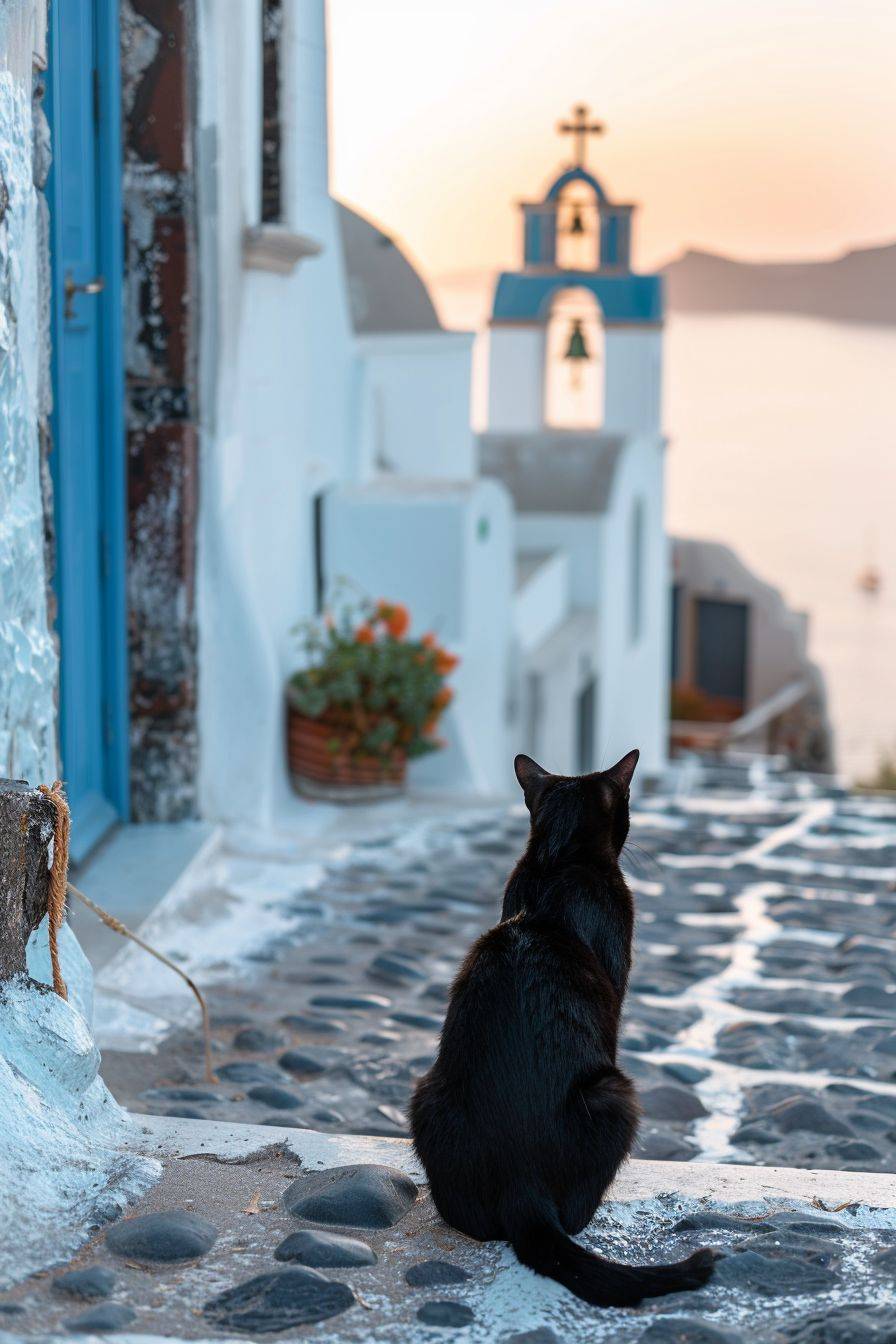 a black cat in front of a Santorini church. sea view. soft sunset light.