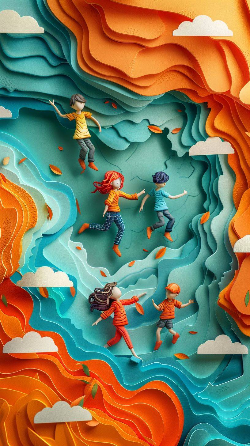 Colorful paper craft illustration of kids and teenagers both male and female playing. Color scheme is orange and teal.