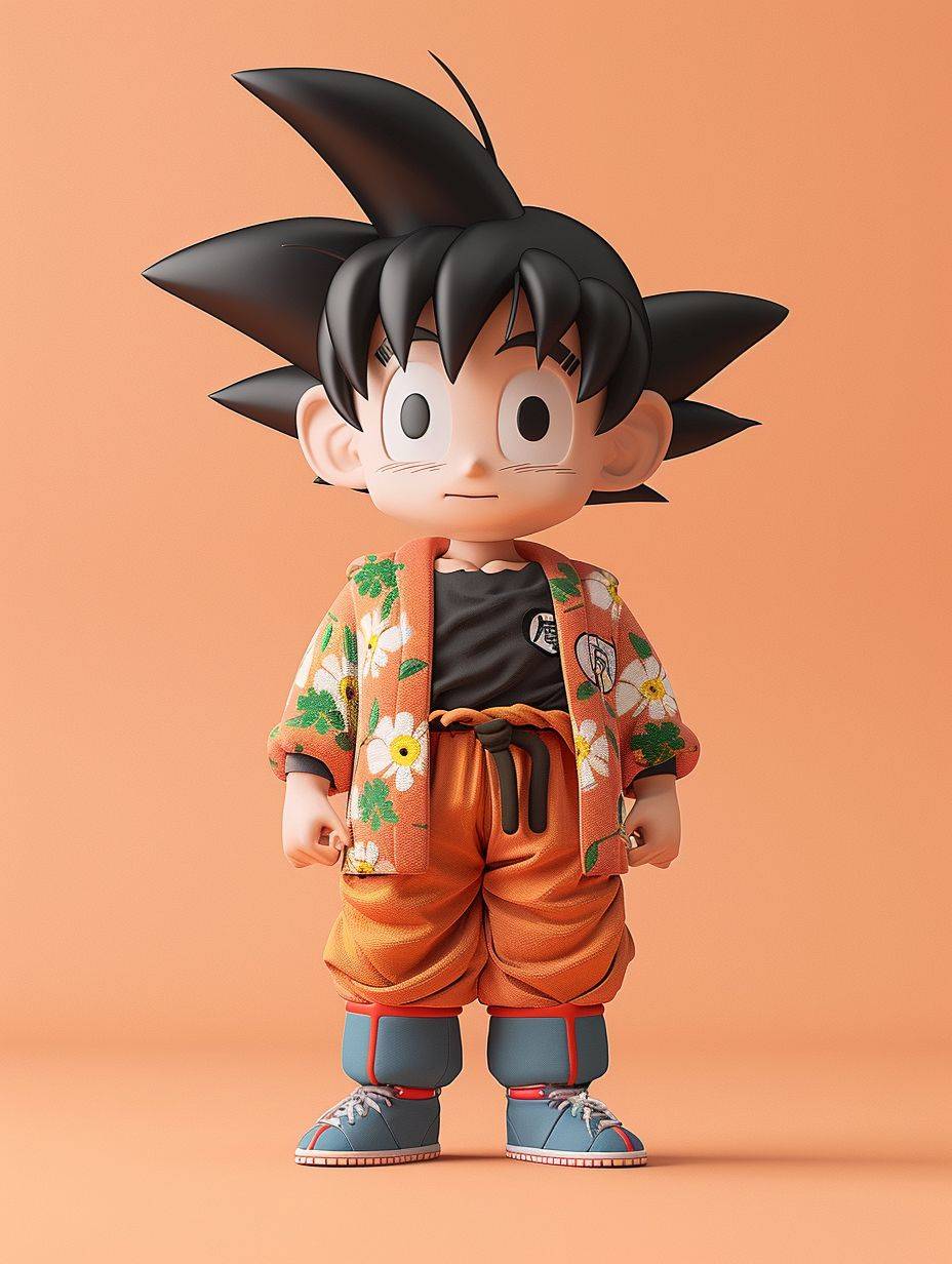 Son Goku in Dragon Ball, full body, produced in Popmart blindbox style, wearing a flower jacket, clear eyes, chibi, minimalist color field, clean background, C4D, blender, 8k resolution, symmetrical grid, plaster, realistic details