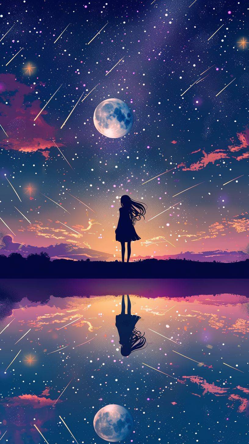 The silhouette of an anime girl standing on the edge, with shooting stars and the moon in the sky, reflection on the water below, and a simple colorful background.