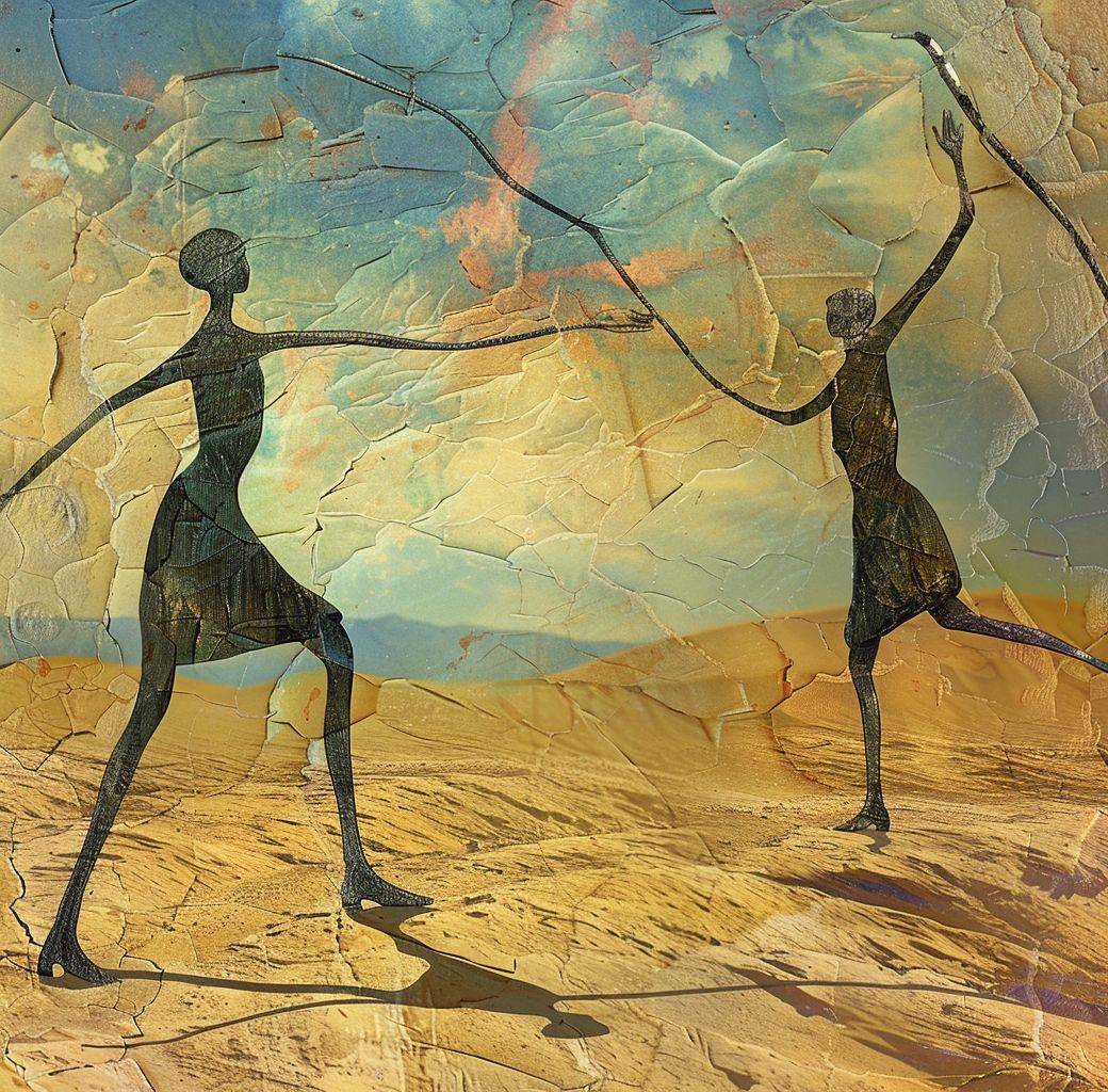 An image that shows two sticks and two people, in the style of surrealist imagery fusion, graceful figures, VHS, American tonalist, trompe-l'œil illusionistic detail, comical choreography, and desertwave.
