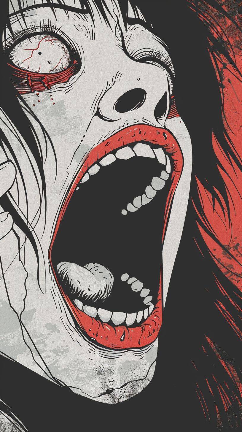 Ultra detailed minimalist realistic Japanese woman screaming with an eye at the back of her throat, horror, deathcore, style of Junji Ito, dark anime, half body, attractive, vibrant, intense, psychological horror, macabre, ultra crisp details