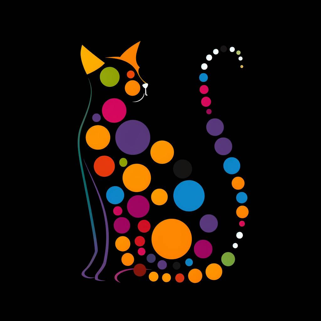 Sophisticated logo for a cat arranged with large equal sized, big colorful dots, executed by a professional. Set against a black canvas, the design features bold, bright, harmonious color scheme, adding a playful yet refined texture, combines the spirit of creativity with the precision and elegance of professional design, making it both visually striking and endearingly imaginative.
