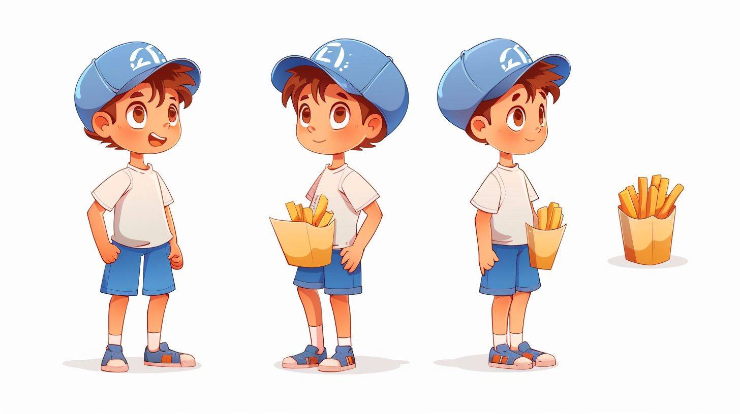 Full body view, three views, front view, left view, rear view, Illustration IP character design, a cute little boy wearing a blue duckbill cap, happy, holding French fries, standing naturally, wearing short sleeved shorts, looking forward, bright and colorful, minimalist vector style, markers with varying thickness, flat, bold lines and solid colors, simple details