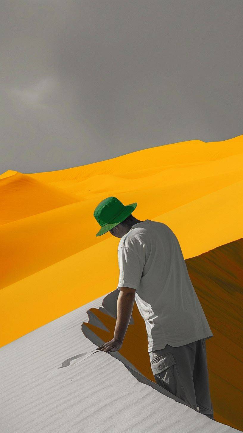 A man in a green hat reaching down onto a dune field, in the style of minimalist geometry, yellow and white, Shigeru Aoki, Igor Zenin, urban landscapes, Uemura Shoen, monochromatic color schemes