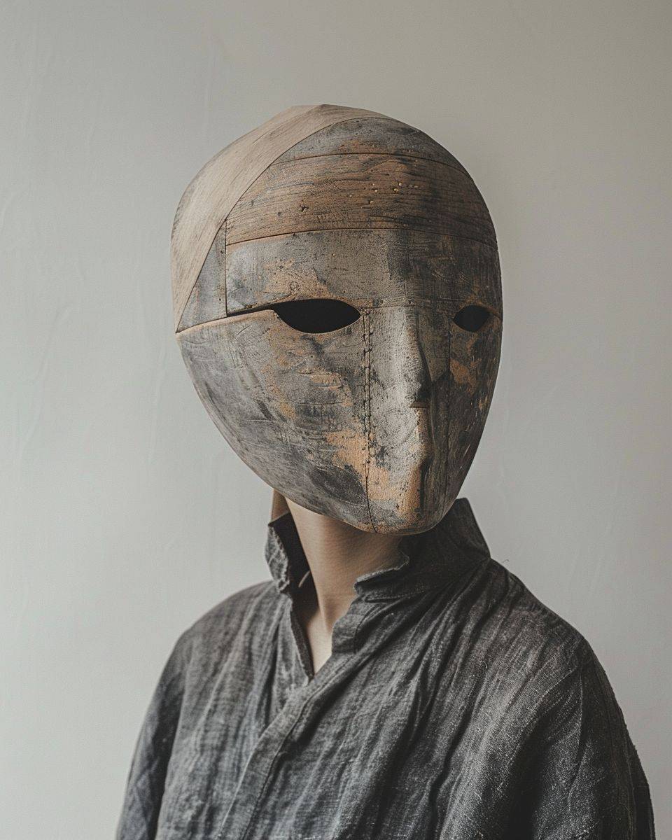 Portrait photograph of a person with a concrete and wooden mask, minimalist composition, muted colours, solid white studio background --ar 4:5 --stylize 250